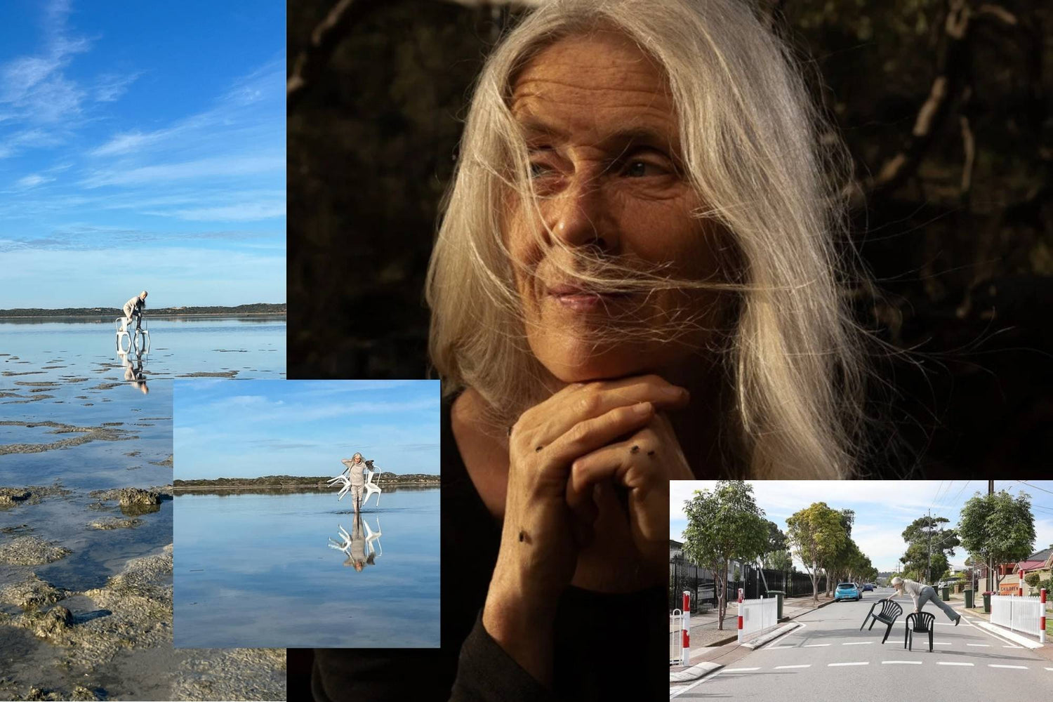Collage of photo of artist Cynthia on the Coorong