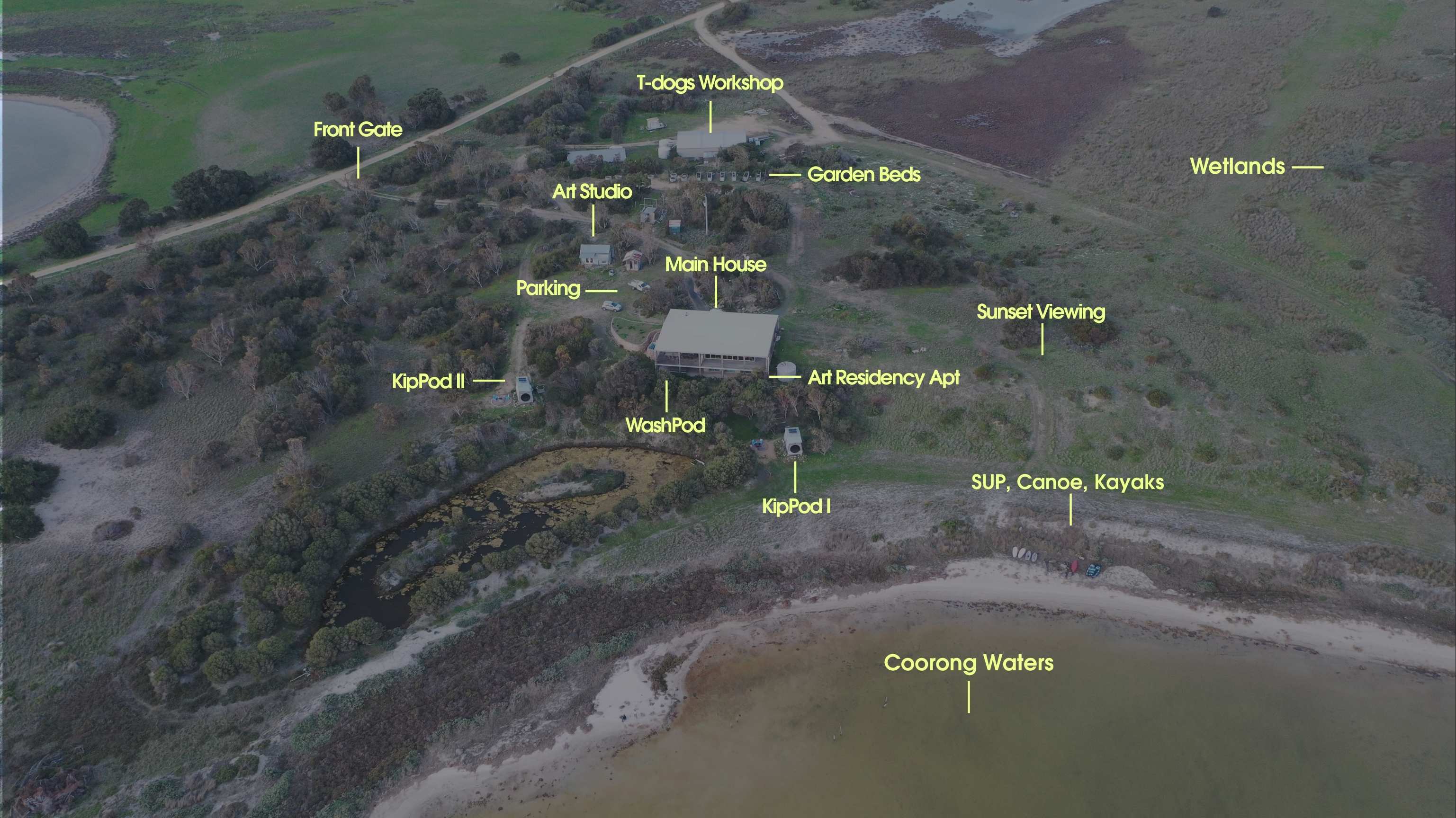 Aerial map of a property with labeled features near a body of water. The Coorong. CoorongLife