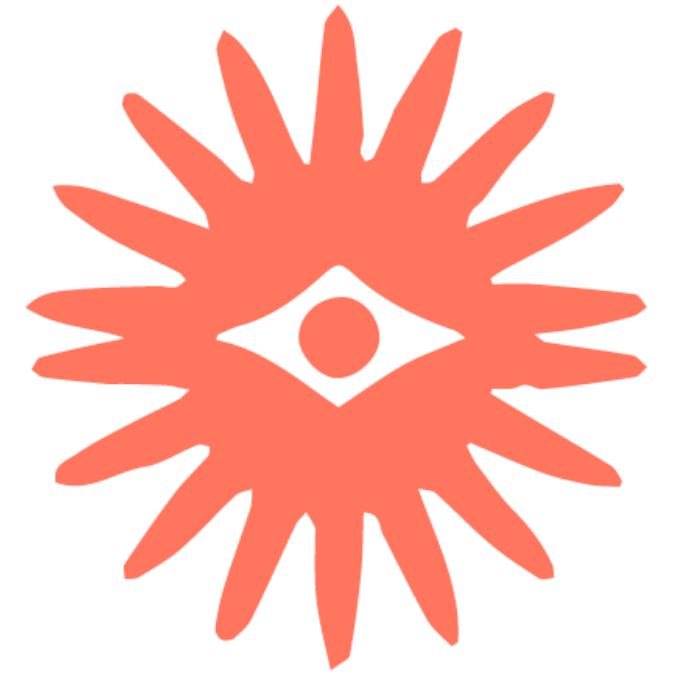 Red sun-like symbol with a central green circle on a transparent background