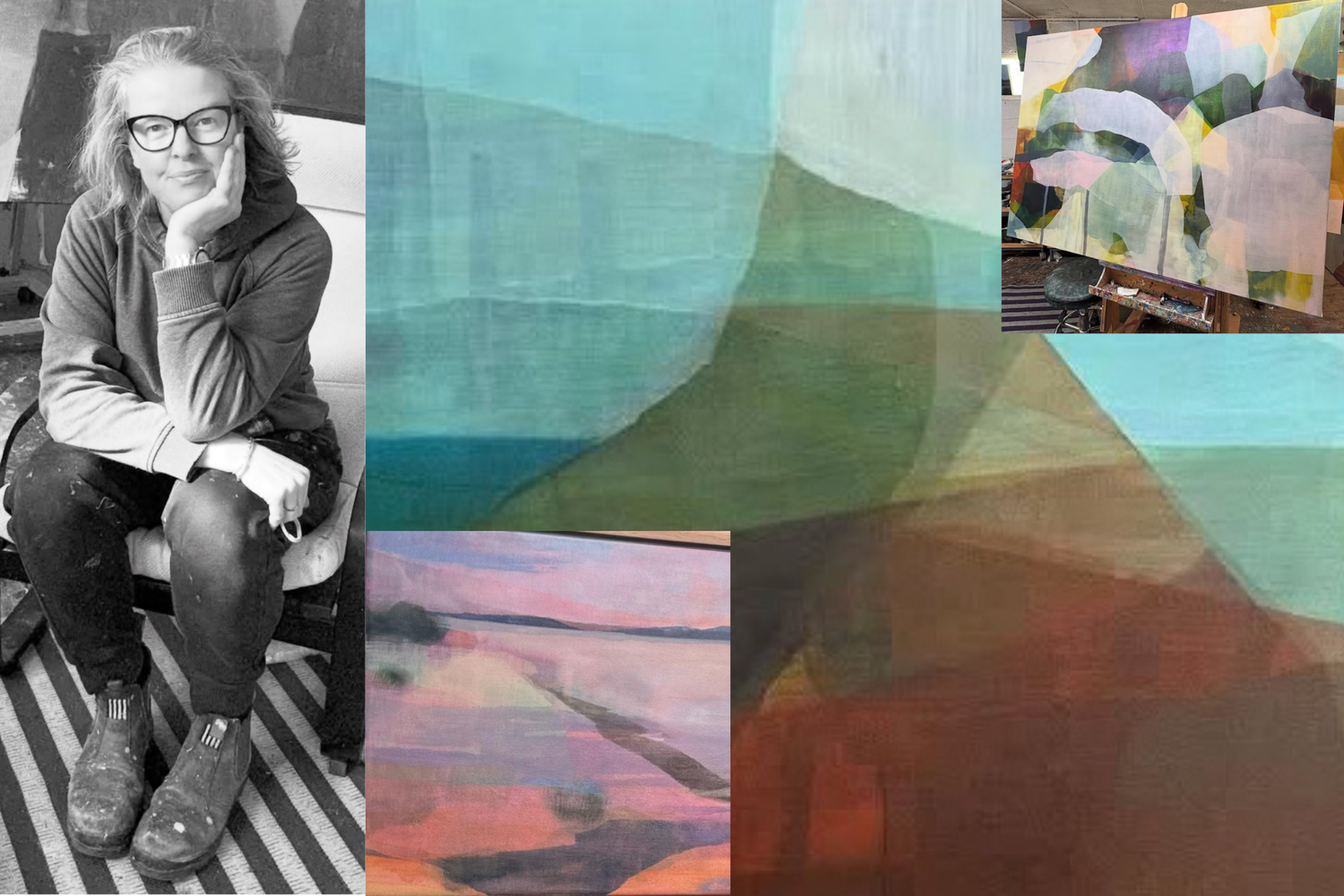 Collage of photos from Greta Laundy paintings and her sitting in a chair in art studio