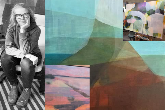 Collage of photos from Greta Laundy paintings and her sitting in a chair in art studio