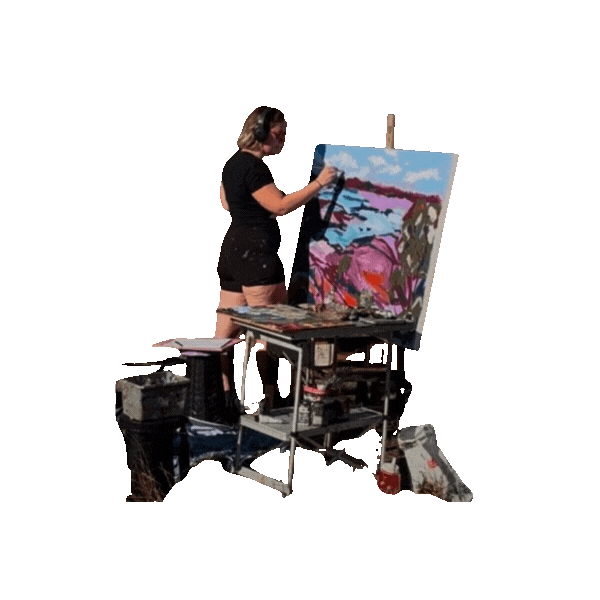 Photo is of Gemma Brooks during her Art Residency at Coorong Life she is painting a large canvas and has headphones on and black shorts and top 