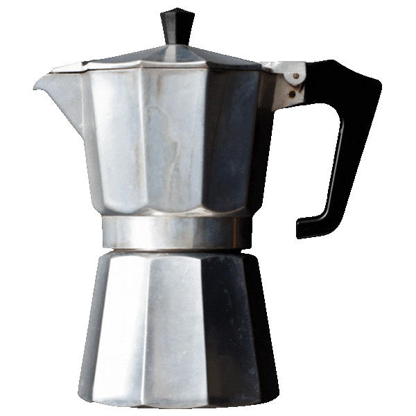 Traditional Italian coffee maker, silver with a black handle for the stove top inside of KipPods at Coorong life 