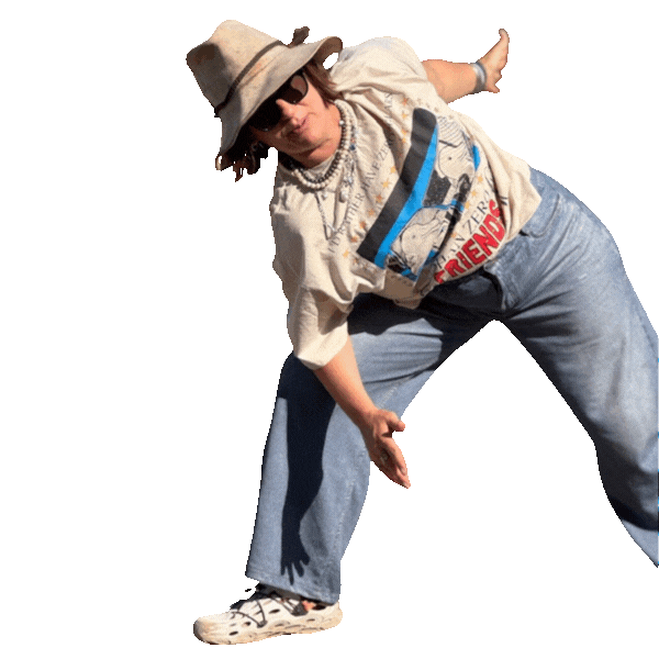 This is a photo of a person moving into a yoga post wearing jeans and hat and sunglasses its a cut out image with no background 